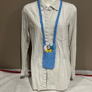 New no tag, handmade Blue Crochet Phone Pouch with Floral Accent.Bohemian style